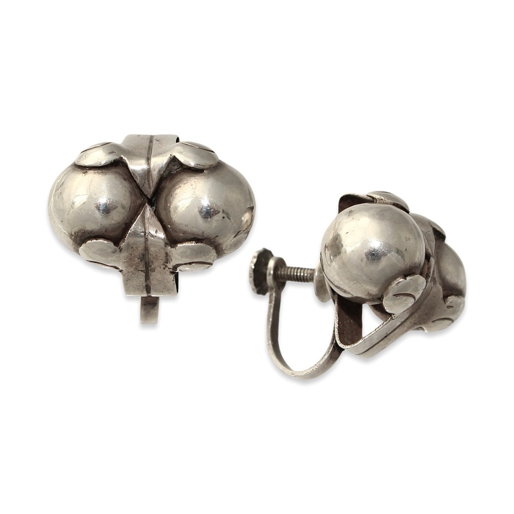 Vintage Mexican Sterling Silver Los Cocos Screw Back Earrings Double Ball 1940s